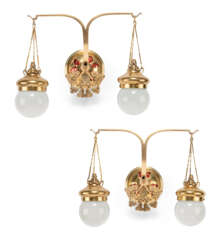 A PAIR OF ARTS AND CRAFTS BRASS, FOIL ENAMEL AND OPALINE WALL-LIGHTS