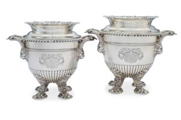 A PAIR OF REGENCY SILVER WINE COOLERS, LINERS AND COLLARS