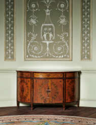 A PAIR OF VICTORIAN BRAZILIAN ROSEWOOD, SATINWOOD, HAREWOOD AND MARQUETRY DEMI-LUNE COMMODES