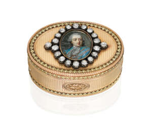 A LOUIS XV VARI-COLOUR GOLD SNUFF-BOX SET WITH A PORTRAIT MINIATURE