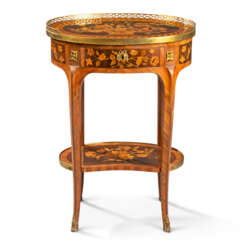 A LOUIS XV ORMOLU-MOUNTED TULIPWOOD, AMARANTH, HAREWOOD, GREEN-STAINED SYCAMORE AND FRUITWOOD MARQUETRY OCCASIONAL TABLE