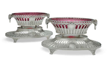 A PAIR OF VICTORIAN SILVER SWEETMEAT BASKETS AND STANDS
