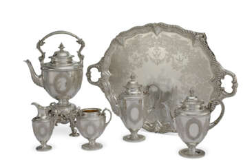 A VICTORIAN SILVER FIVE-PIECE TEA AND COFFEE SERVICE AND ASSOCIATED TRAY