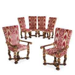 A SET OF SIX ITALIAN PARCEL-GILT AND GRAIN PAINTED DINING CHAIRS