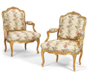 A PAIR OF LOUIS XV GILTWOOD FAUTEUILS
