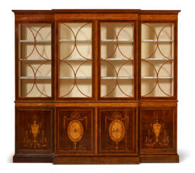 A GEORGE III EBONY AND BOXWOOD STRUNG HAREWOOD, SYCAMORE AND TULIPWOOD MARQUETRY BREAKFRONT BOOKCASE