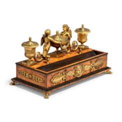 AN EMPIRE ORMOLU-MOUNTED BURR ASH AND EBONY INKSTAND