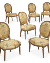 A SET OF SIX LOUIS XVI GILT-WALNUT CHAISES EN CABRIOLET