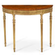 A GEORGE III GILTWOOD, SATINWOOD, SYCAMORE, AND MARQUETRY-INLAID DEMI-LUNE SIDE TABLE - Auktionspreise