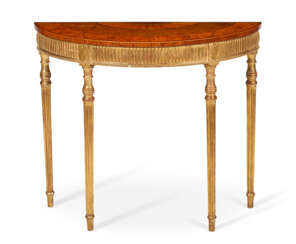 A GEORGE III GILTWOOD, SATINWOOD, SYCAMORE, AND MARQUETRY-INLAID DEMI-LUNE SIDE TABLE