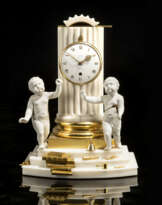 AN ENGLISH ORMOLU, WHITE MARBLE AND PORCELAIN TIMEPIECE MANTEL CLOCK