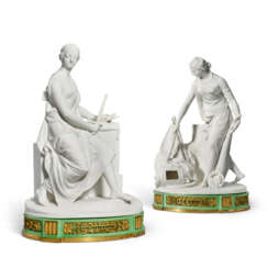 A PAIR OF PARIS (DIHL ET GUERHARD) BISCUIT PORCELAIN FIGURES OF JUSTICE AND PEACE ON ORMOLU-MOUNTED GREEN-GLAZED BASES