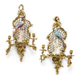 A PAIR OF FRENCH ORMOLU AND PORCELAIN THREE-BRANCH WALL-LIGHTS - фото 1