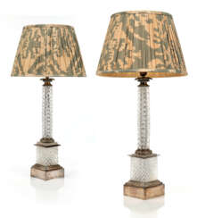 A PAIR OF FRENCH SILVERED-BRASS AND CUT-GLASS LAMPS