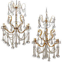 A PAIR OF ENGLISH GILT-BRONZE AND CUT-GLASS SIX-LIGHT CHANDELIERS