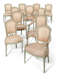 A SET OF ELEVEN LOUIS XVI GREY AND WHITE-PAINTED DINING CHAIRS