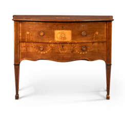 A GEORGE III HAREWOOD, PADOUK, SYCAMORE AND MARQUETRY COMMODE