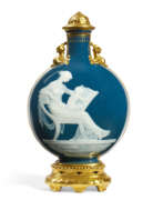 Porzellanmanufaktur Minton. A MINTONS PATE-SUR-PATE TEAL PILGRIM FLASK AND COVER ON FIXED STAND, 'THE LESSON'