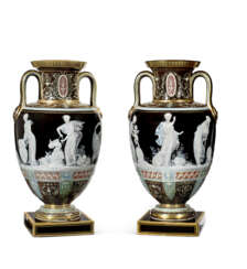 A PAIR OF MINTONS PATE-SUR-PATE CHOCOLATE-BROWN AND BLACK-GROUND VASES, 'LES OEUFS'