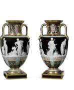 Minton Ceramic Factory. A PAIR OF MINTONS PATE-SUR-PATE CHOCOLATE-BROWN AND BLACK-GROUND VASES, 'LES OEUFS'