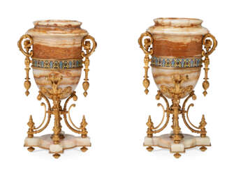 A PAIR OF FRENCH ORMOLU-MOUNTED ALGERIAN ONYX AND CHAMPLEVE ENAMEL CACHE POTS