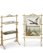 Narcisse Vivien. A PAIR OF GILT-METAL MOUNTED FRENCH PORCELAIN FIRESCREEN TABLES