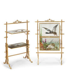 A PAIR OF GILT-METAL MOUNTED FRENCH PORCELAIN FIRESCREEN TABLES