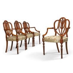 A SET OF FOUR GEORGE III MAHOGANY OPEN ARMCHAIRS
