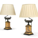 A PAIR OF FRENCH PATINATED-BRONZE AND SIENA MARBLE TAZZA URNS - photo 1