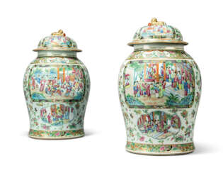 A MATCHED PAIR OF CHINESE EXPORT FAMILLE ROSE JARS AND COVERS