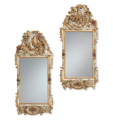 A PAIR OF SOUTH GERMAN CREAM AND POLYCHROME-PAINTED AND PARCEL-GILT MIRRORS