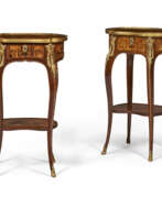 Жан-Пьер Латц. A MATCHED PAIR OF LOUIS XV ORMOLU-MOUNTED BOIS SATINE, AMARANTH AND MARQUETRY WORK TABLES