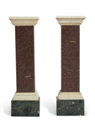A PAIR OF ITALIAN WHITE MARBLE, PORPHYRY AND VERDE ANTICO PEDESTALS