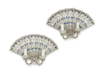 A PAIR OF ITALIAN CUT-GLASS, ROCK CRYSTAL AND BLUE GLASS TWO-LIGHT WALL LIGHTS
