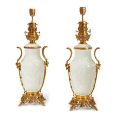 A PAIR OF FRENCH 'JAPONISME' ORMOLU-MOUNTED CRACKLE-GLAZED CELADON VASES MOUNTS AS LAMPS