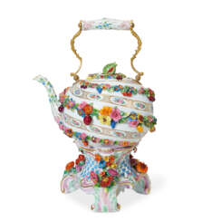 A MEISSEN PORCELAIN FLOWER-ENCRUSTED TEA KETTLE, COVER AND STAND