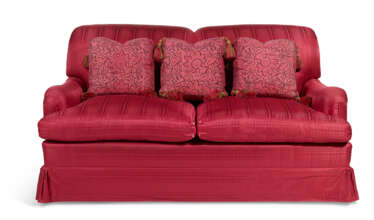 A MAGENTA SILK UPHOLSTERED TWO-SEAT SOFA