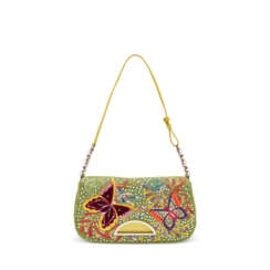 A LIMITED EDITION GREEN CANVAS BUTTERFLY CRYSTAL MALICE BAG WITH SILVER HARDWARE