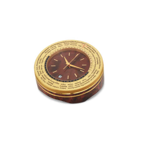 A GILT BRASS & ENAMEL DIAL WORLD TIME TRAVEL CLOCK - фото 1