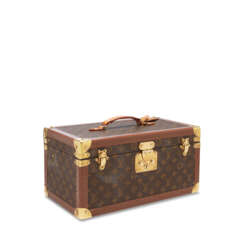 A CLASSIC MONOGRAM TOILE & NATURAL LEATHER BEAUTY CASE WITH MIRROR WITH BRASS HARDWARE