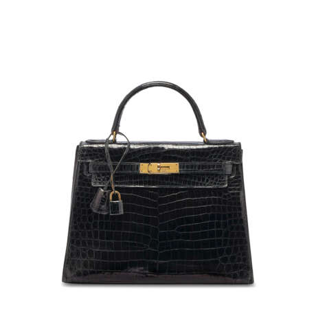 A SHINY BLACK POROSUS CROCODILE SELLIER KELLY 28 WITH GOLD HARDWARE - photo 1