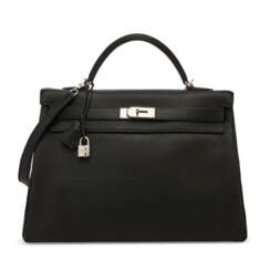 A BLACK CLÉMENCE LEATHER RETOURNÉ KELLY 40 WITH PALLADIUM HARDWARE