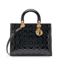 A BLACK PATENT LEATHER LARGE LADY DIOR WITH GOLD HARDWARE