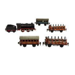 MÄRKLIN 5-piece set of locomotive, freight car, and passenger car, 0 gauge,