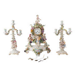 MEISSEN figure pendule 'Four Seasons' on pedestal with figure chandeliers, 1st choice, 19th c.