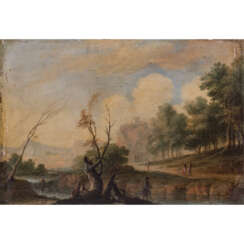 KONINCK, Jakob I, ATTRIBUED (c. 1614-1708), "River Landscape Hunters and Anglers",