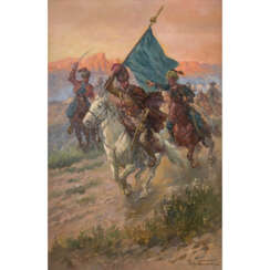 NEUMANN, FRITZ (1881-1919), "Riding Cossacks with blue flag",