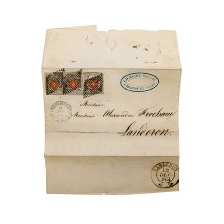Switzerland, local mail - 1850, 2 1/2 centimes black / red in strip of three - Foto 1