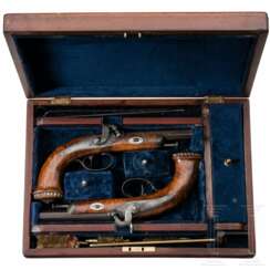 Ein Paar Perkussionspistolen im Kasten, Belgien, um 1840
