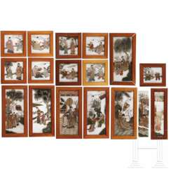 Wandschirm-Set aus 17 bemalten Marmorfliesen, China, 19. Jhdt.